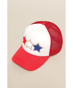 Star Trio Chenille Patched Trucker Hat - Red