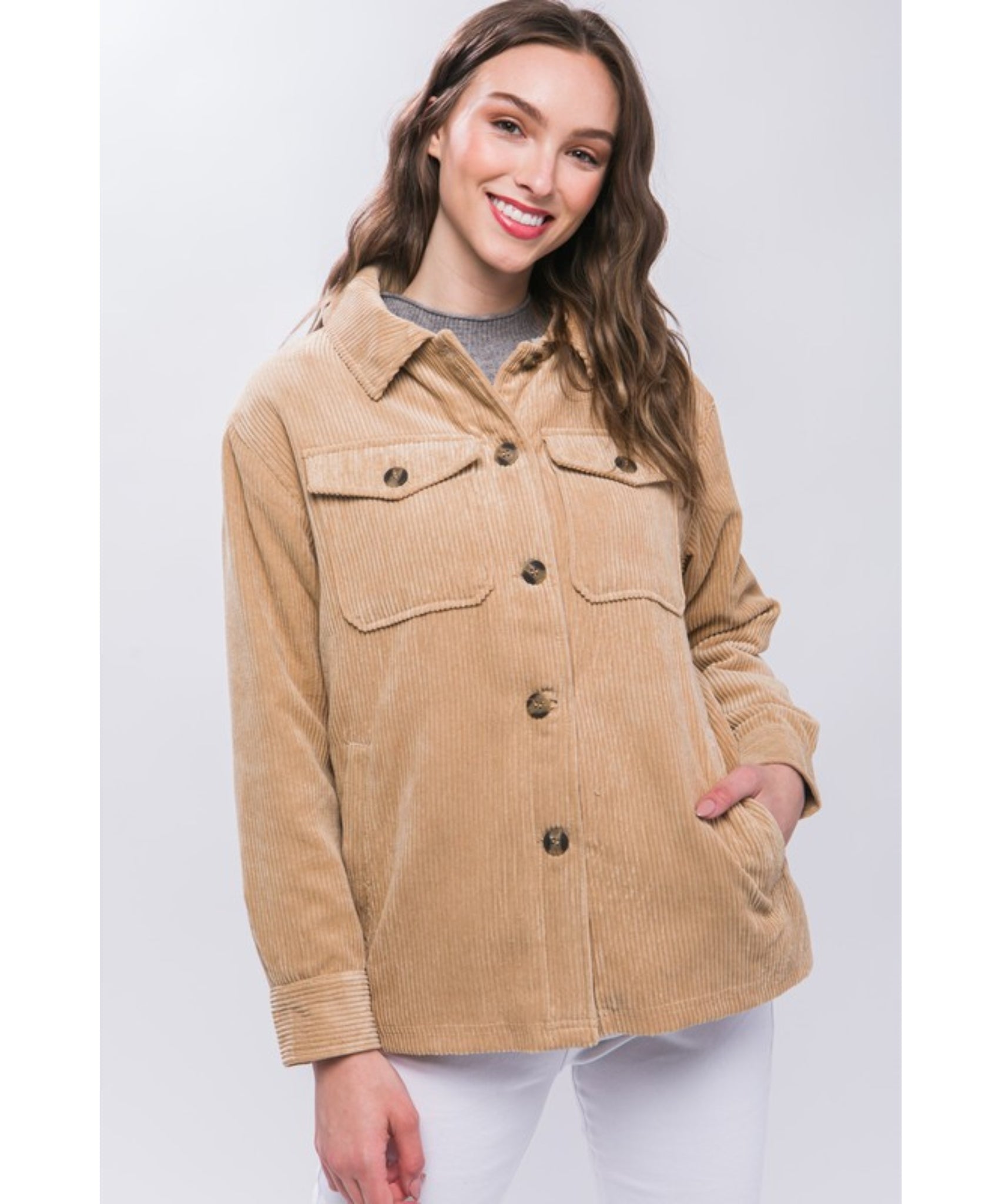 Cayli Corduroy Sherpa Shacket - Beige