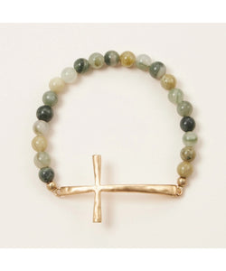 Metal Cross & Stone Stretch Bracelet - Olive