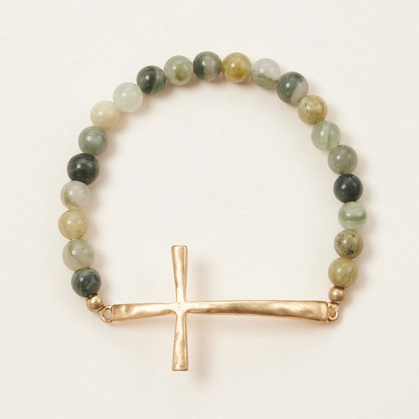 Metal Cross & Stone Stretch Bracelet - Olive