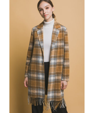 Renee Fringe Plaid Coat - Camel