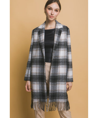 Renee Fringe Plaid Coat - Black