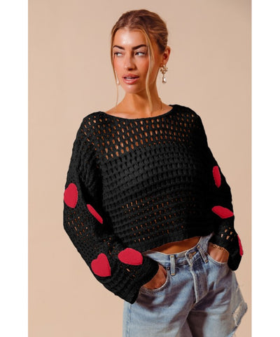 Love Shack Open Knit Sweater - Black/Red