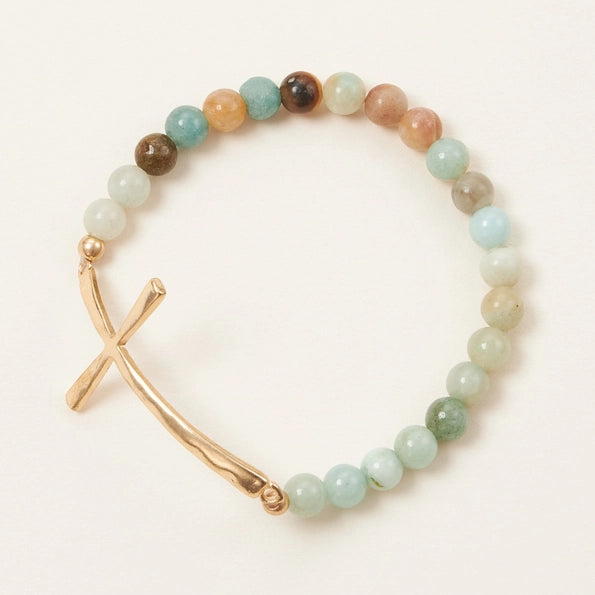 Metal Cross & Stone Stretch Bracelet - Mint