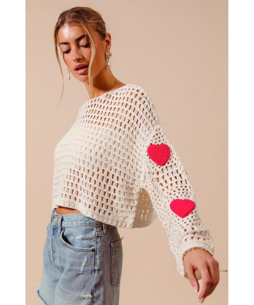 Love Shack Open Knit Sweater - Ivory/Pink