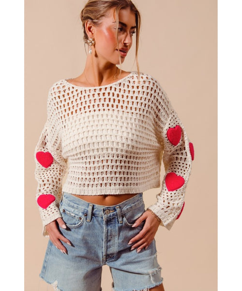 Love Shack Open Knit Sweater - Ivory/Pink