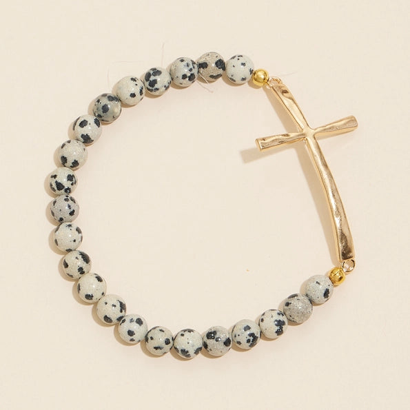 Metal Cross & Stone Stretch Bracelet - Dalmatian