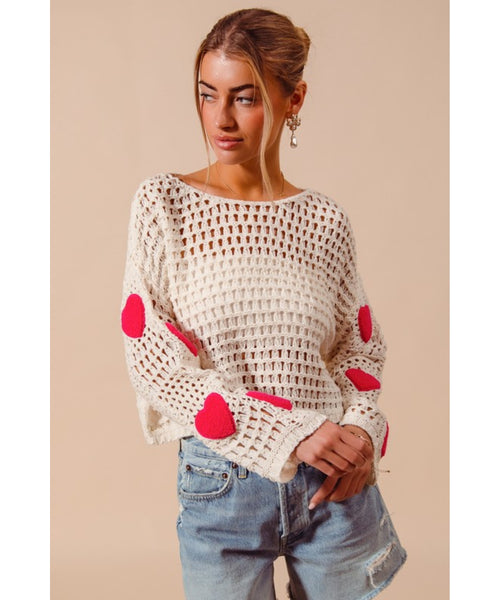 Love Shack Open Knit Sweater - Ivory/Pink