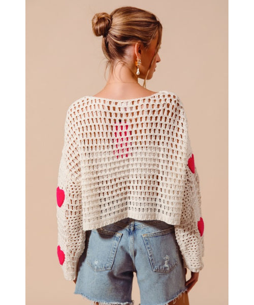 Love Shack Open Knit Sweater - Ivory/Pink