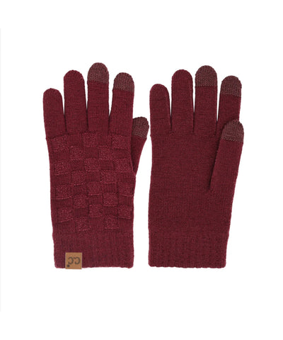 Woven Checkered Knit Gloves - Burgundy