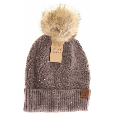 CC Beanie - Sequin Cable Knit - Earth Grey