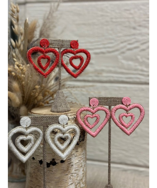 All Heart Beaded Double Heart Earrings - Red