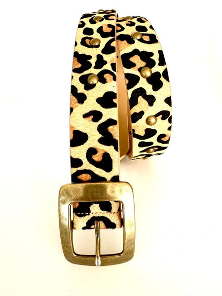 Leopard Print Hair on Hide Leather Studded Belt