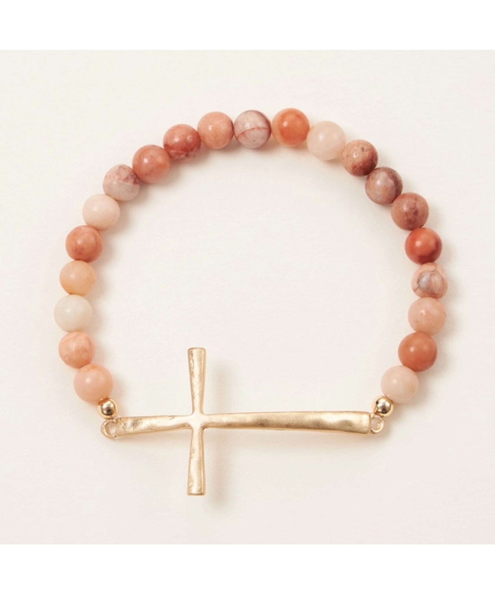 Metal Cross & Stone Stretch Bracelet - Pink