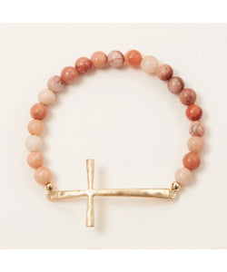 Metal Cross & Stone Stretch Bracelet - Pink