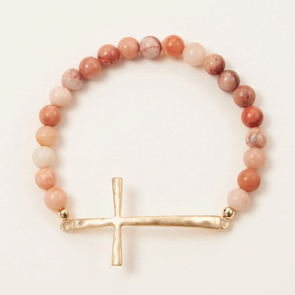 Metal Cross & Stone Stretch Bracelet - Pink