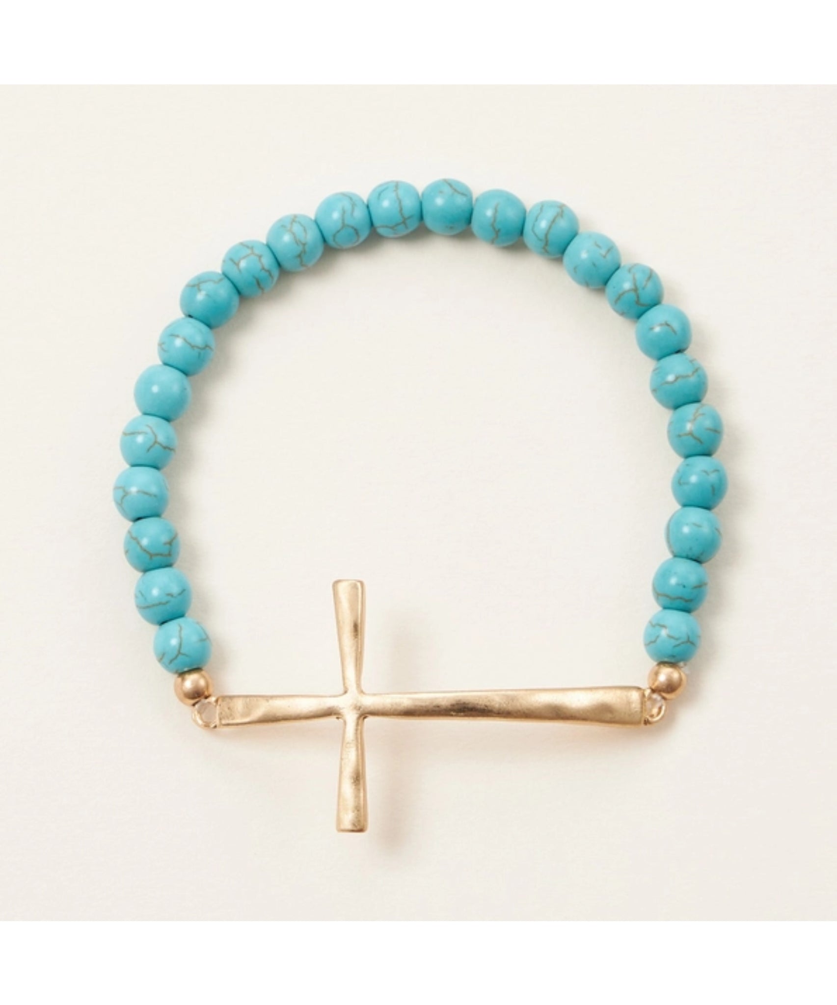 Metal Cross & Stone Stretch Bracelet - Turquoise