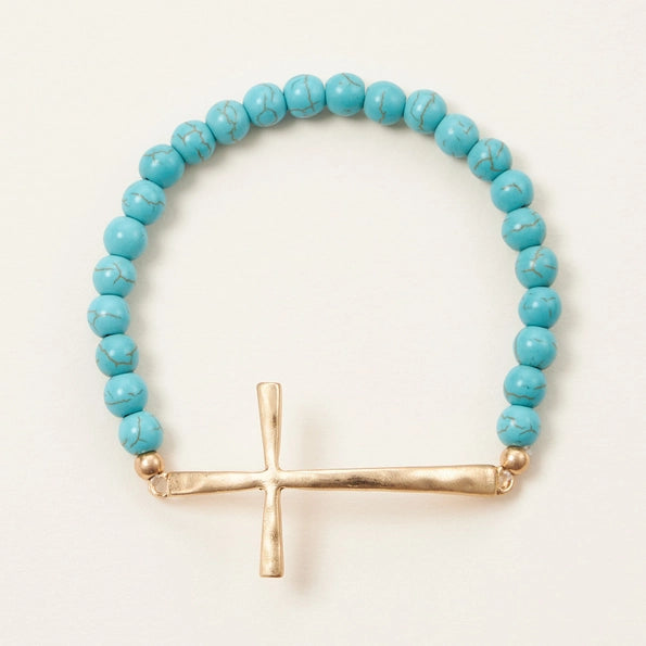 Metal Cross & Stone Stretch Bracelet - Turquoise