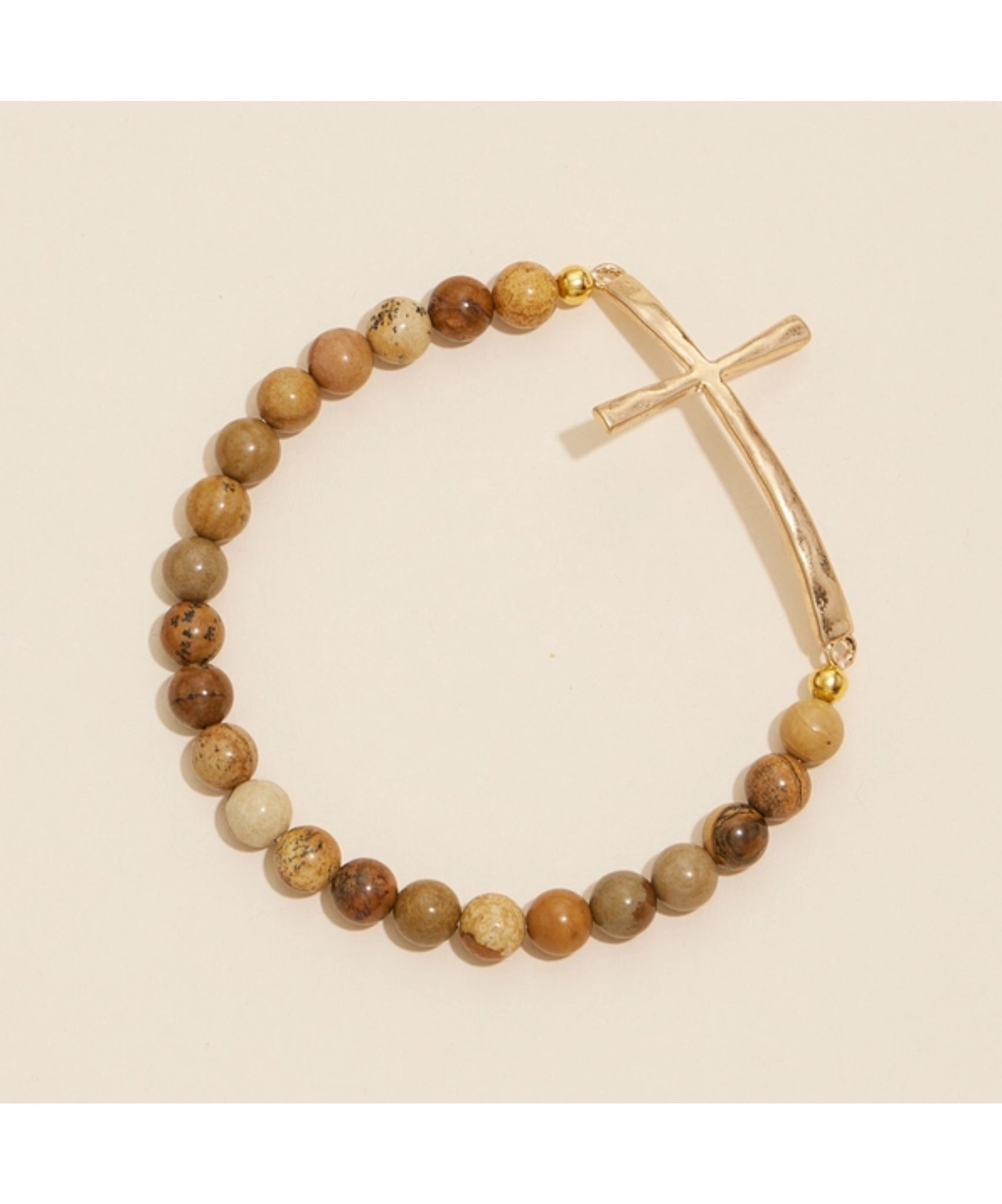 Metal Cross & Stone Stretch Bracelet - Natural