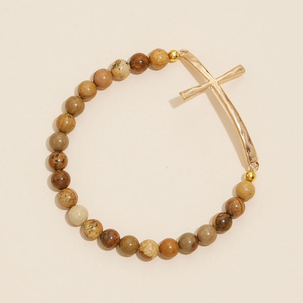 Metal Cross & Stone Stretch Bracelet - Natural