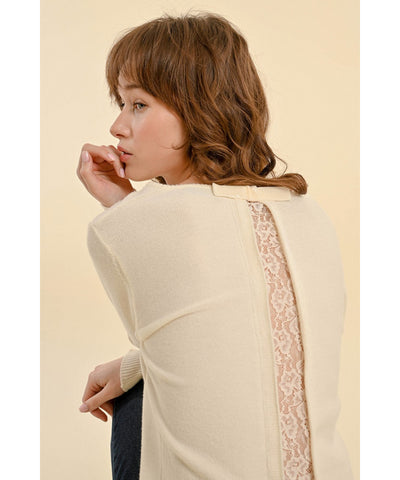 Bow/Lace Back Knit Sweater - Off White